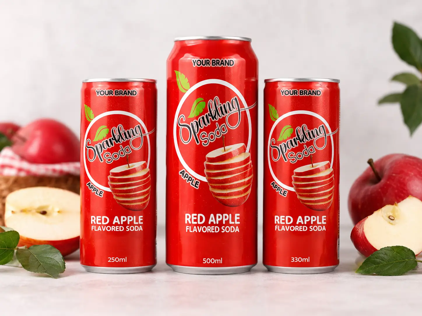 SPARKLING FLAVORED SODA Red Apple 250ml, 500ml and 330ml cans